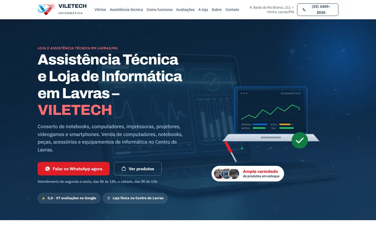 Página inicial do site da VileTech Informática no computador