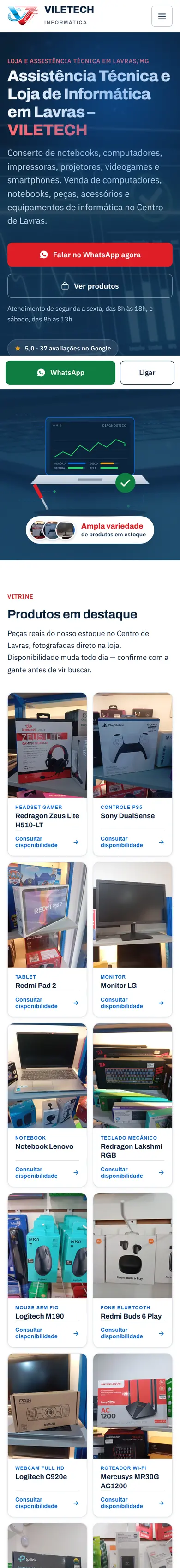 Site da VileTech no celular